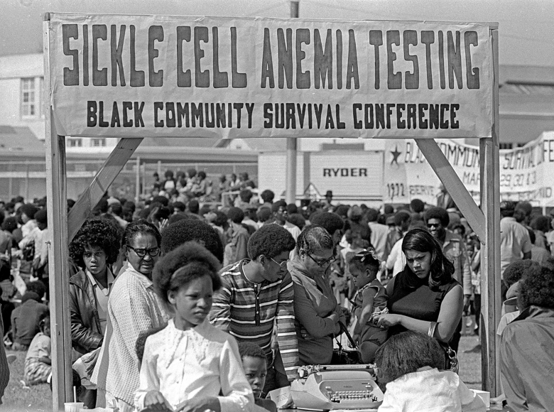 Photo of sickle cell disease testing program set up by the Black Panther Party 